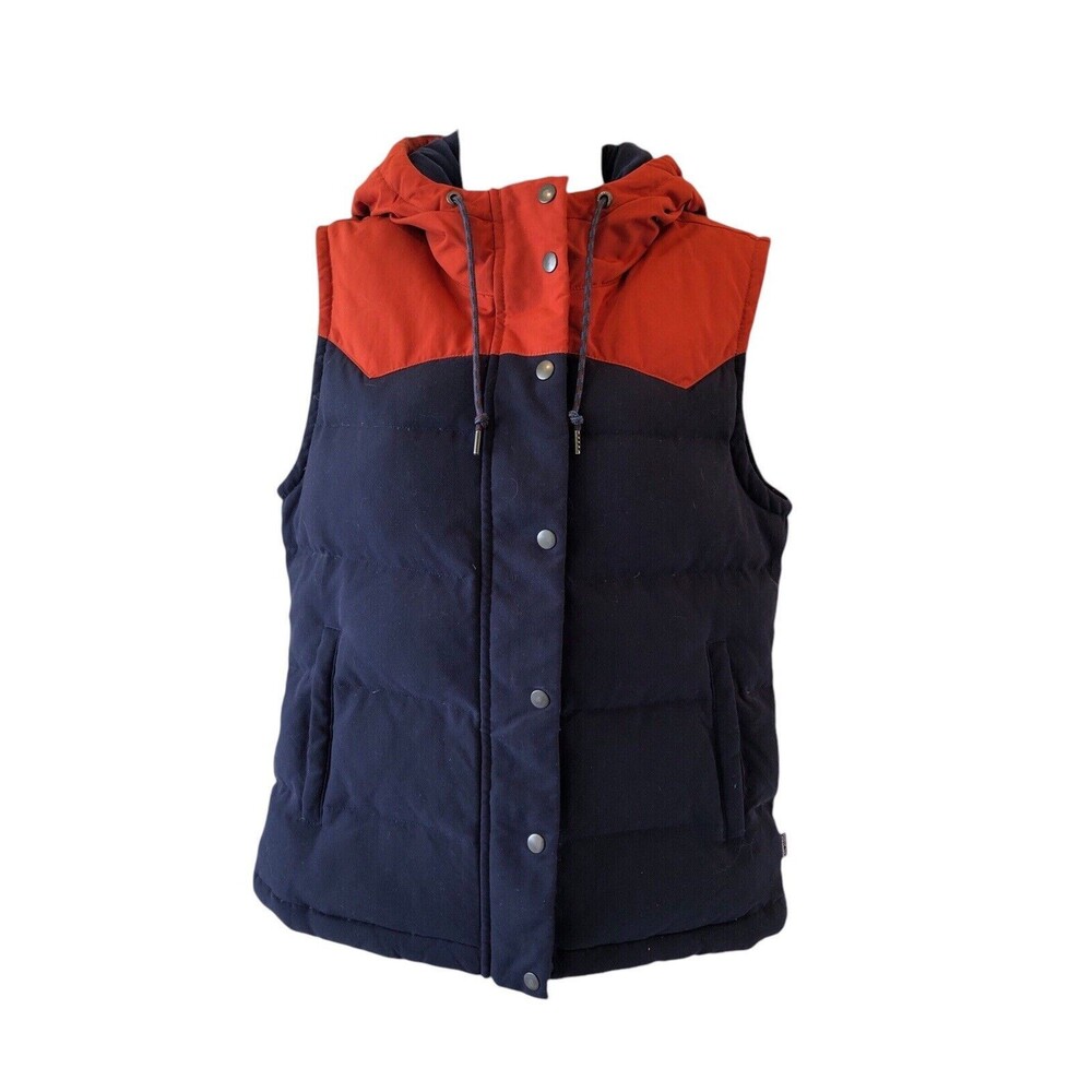 Patagonia Bivy Down Vest Women's small Navy Blue Orange Full Zip Hooded Puffer